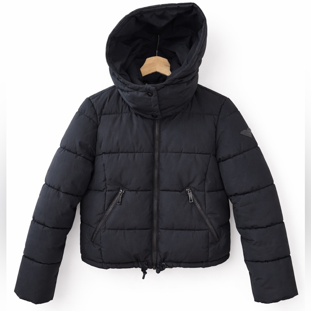 Roxy Black Hooded Puffer Jacket Women’s Small Cropped Winter Coat